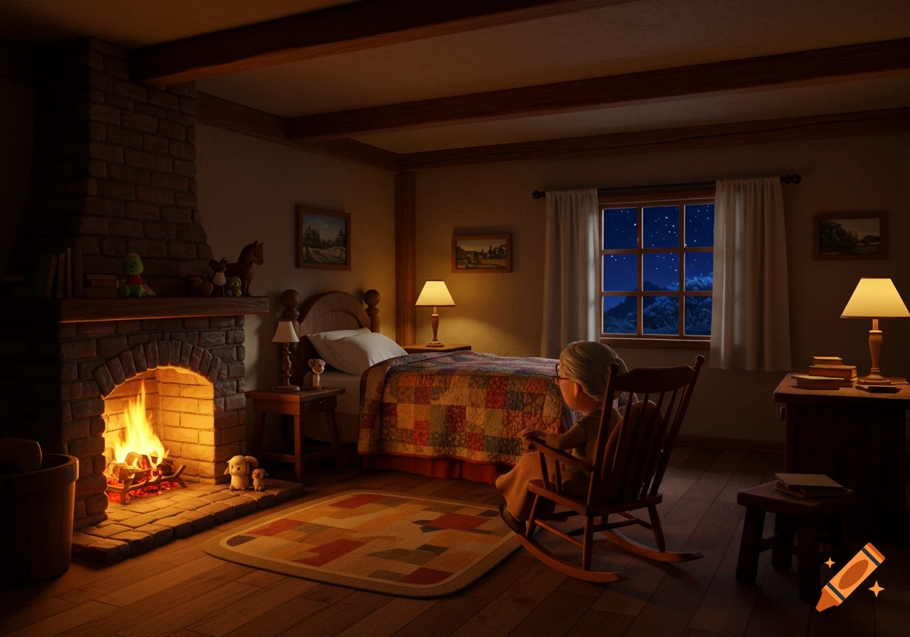 A Pixar-style rendering of a cozy cottage bedroom at night. An old woman sits in a rocking chair by a fireplace, looking out the window at a starry sky.