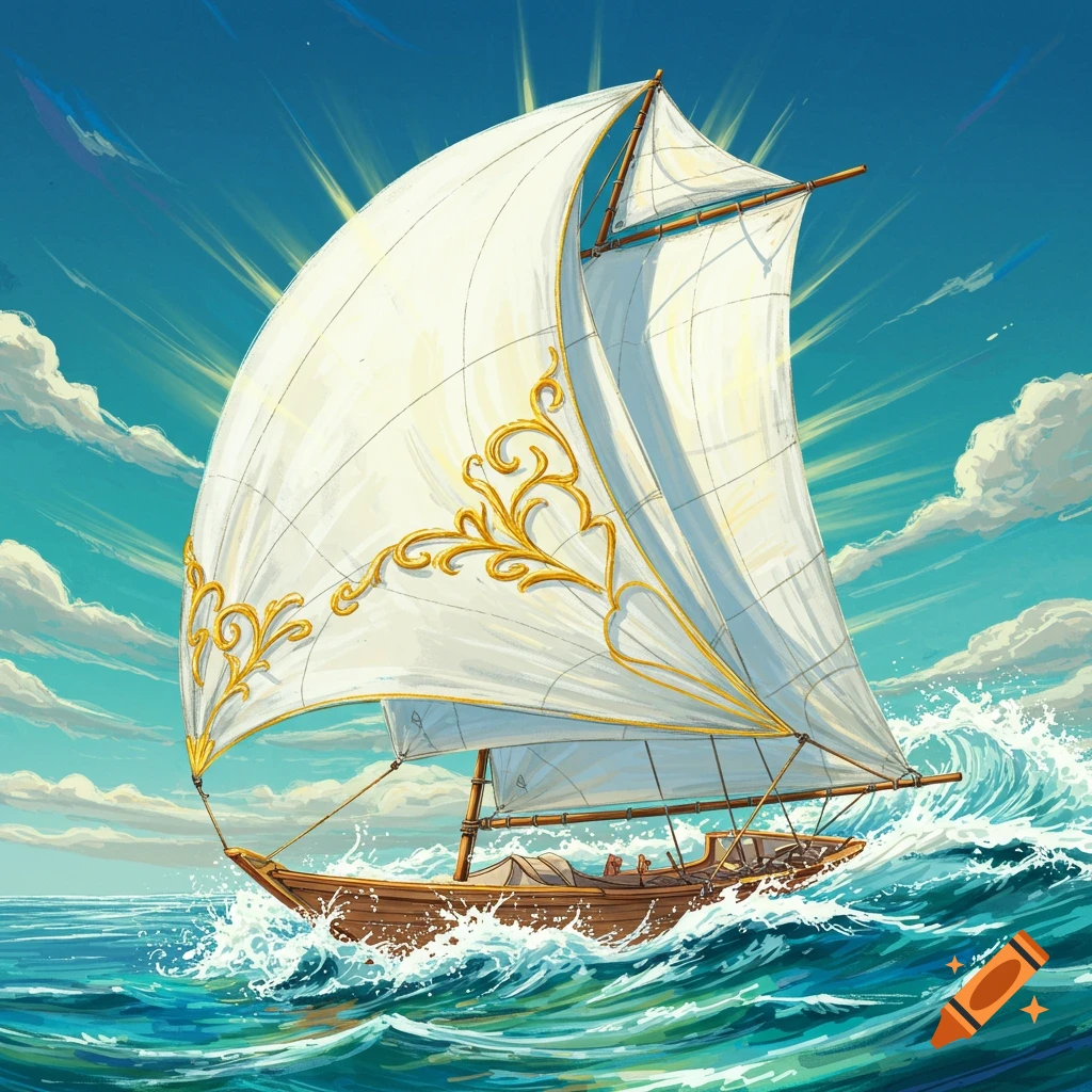Illustration of a sailboat with golden designs on the sails, sailing on a choppy sea under a sunny sky.