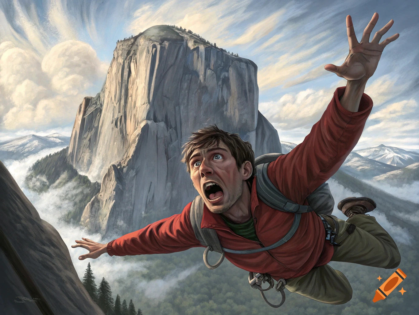 Illustration of a man falling dramatically from a mountain cliff, screaming.