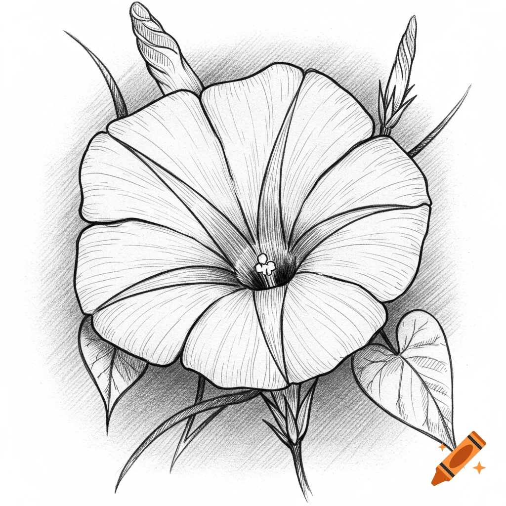 Black and white sketch of a blooming morning glory flower.