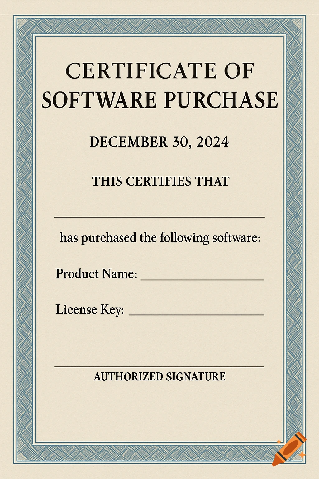 A software purchase certificate dated December 30, 2024 with fields for product name and license key.