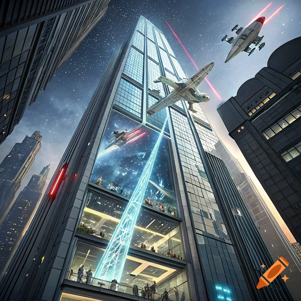 Sci-fi skyscraper in a city with a holographic display inside showing spaceships and characters, with ships flying outside