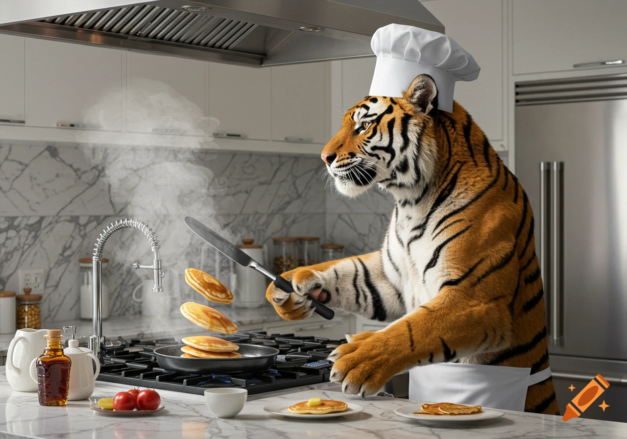 A hyperrealistic image of a tiger wearing a chef hat and apron, flipping pancakes in a kitchen.