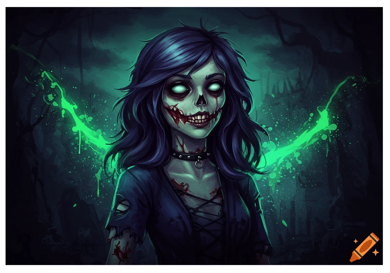 Stylized illustration of a female zombie with blue hair and glowing green effects.