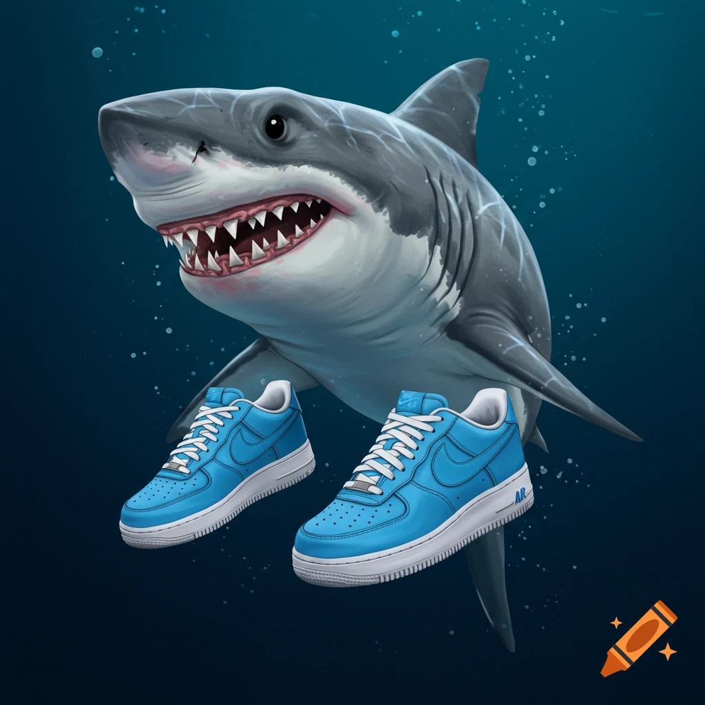 Shark swimming underwater wearing blue sneakers