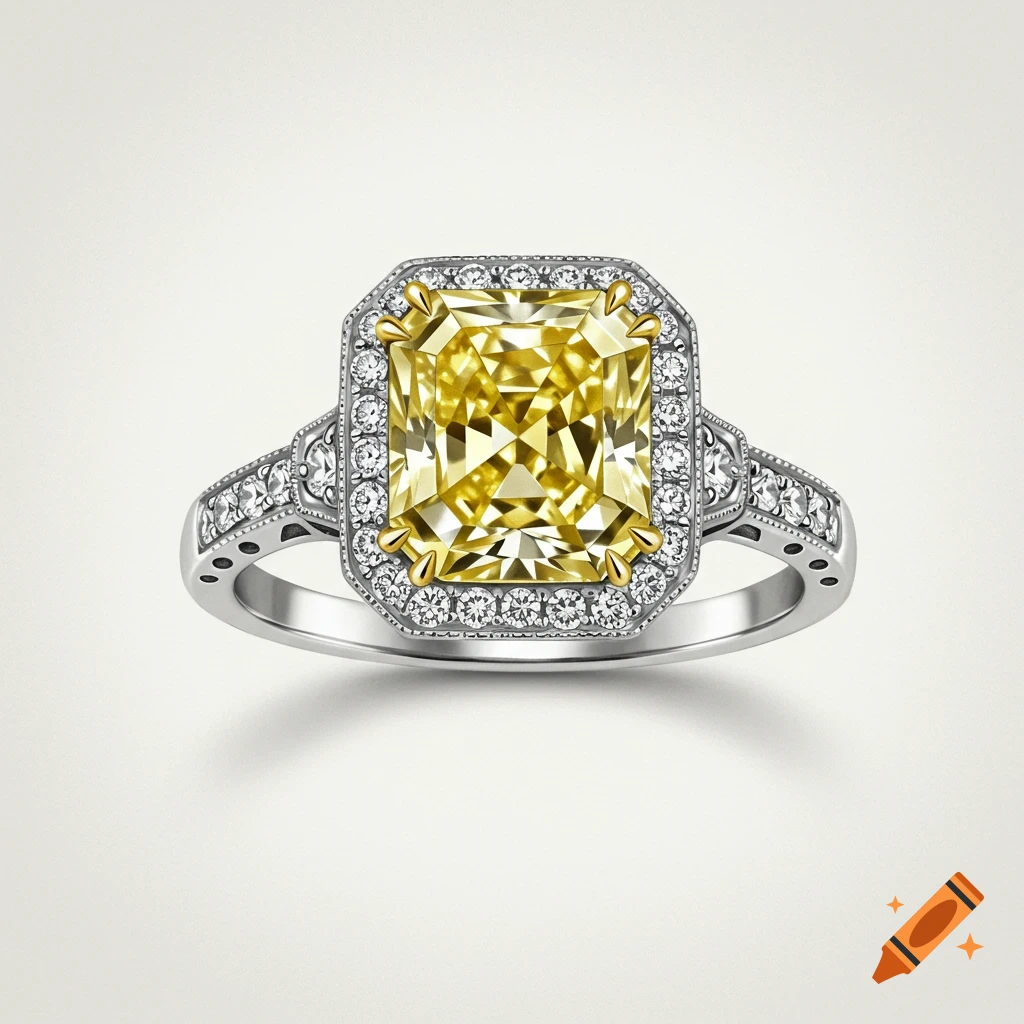 A silver engagement ring with a large yellow diamond in a halo setting on a white background.