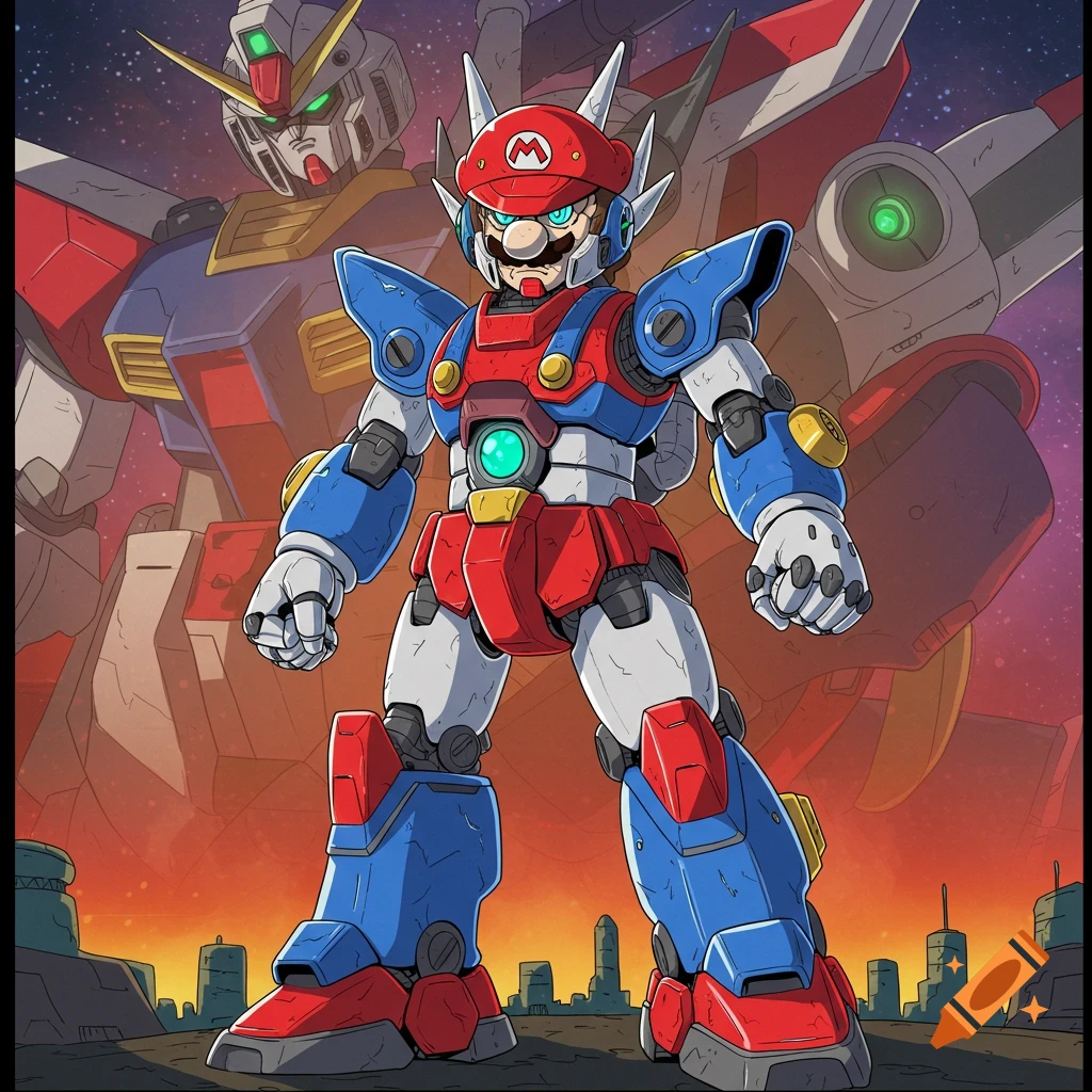 Anime illustration of Mecha Mario standing before a large mecha, inspired by Gundam and DBZ.