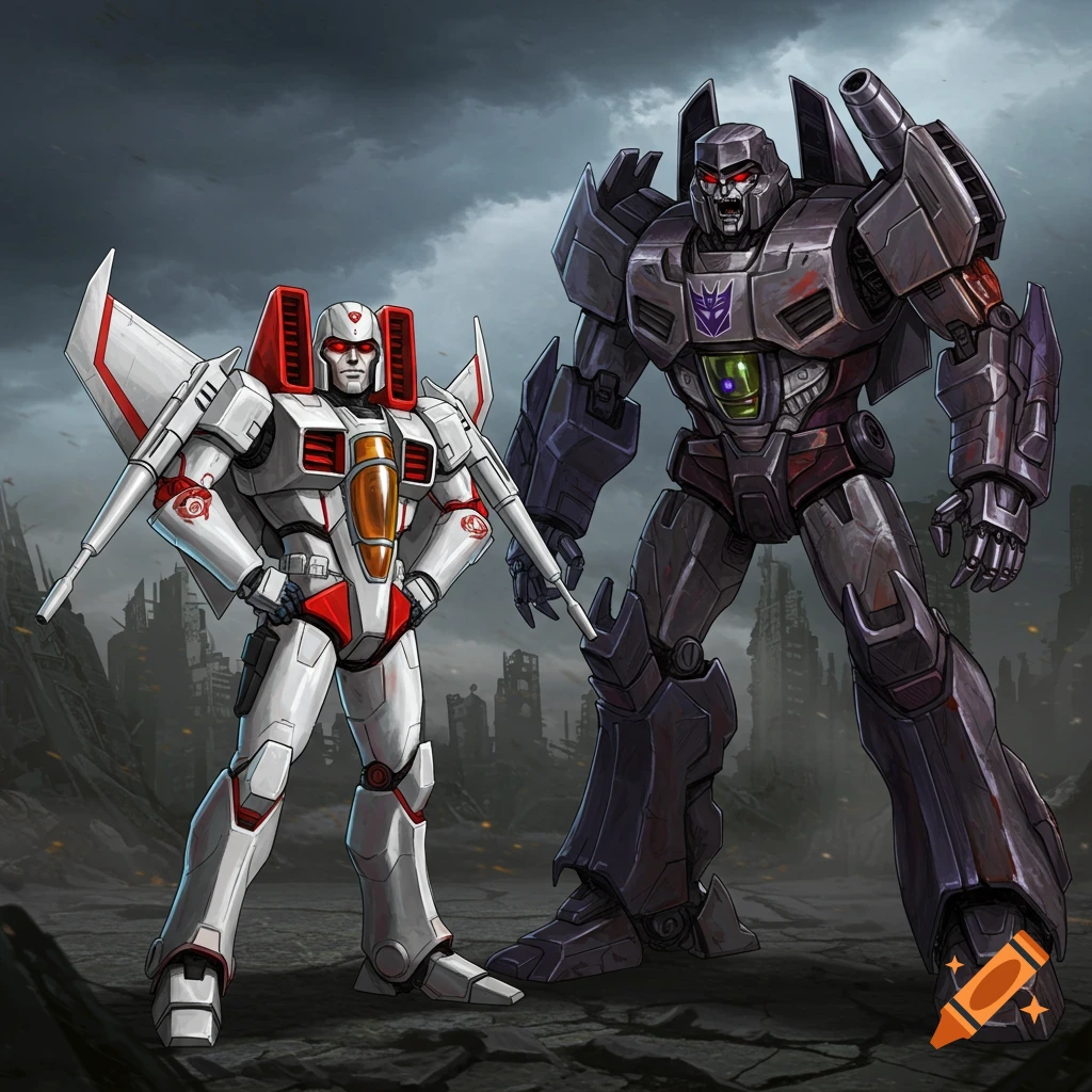Starscream and Megatron robots stand in a ruined city under a cloudy sky.