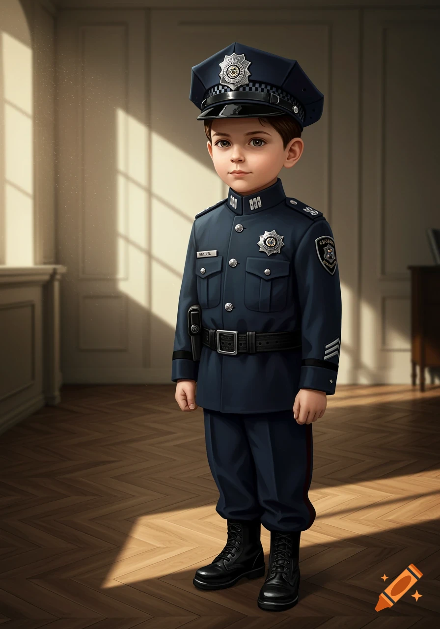 A young boy dressed in a police uniform stands in a room with window light.