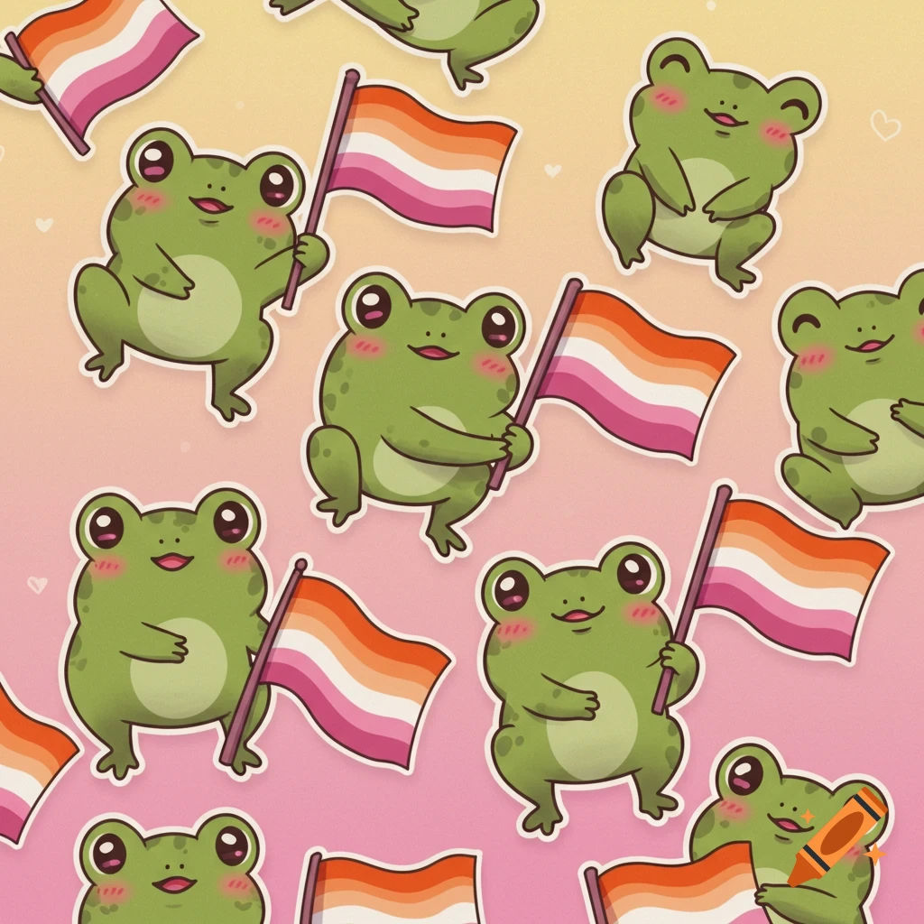 Cute cartoon sticker-style frogs hold lesbian pride flags on a pink and orange background.