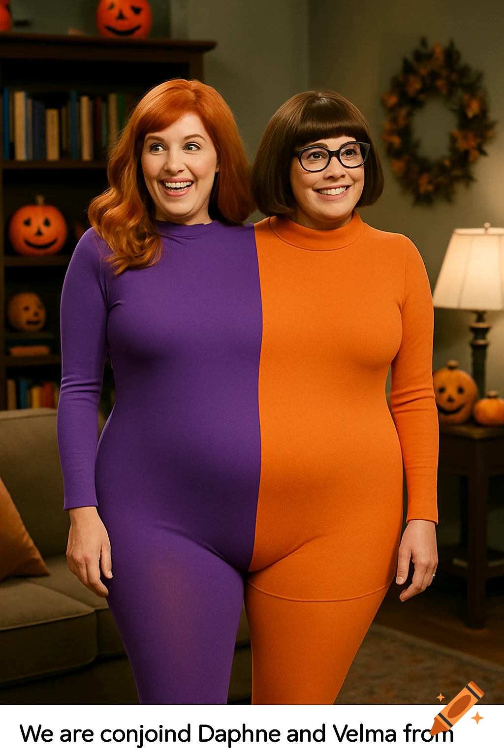 Two women in a conjoined purple and orange suit pose in a Halloween room, resembling Daphne and Velma.