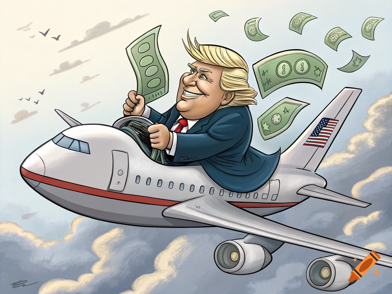 Cartoon of Donald Trump riding a plane with money flying out
