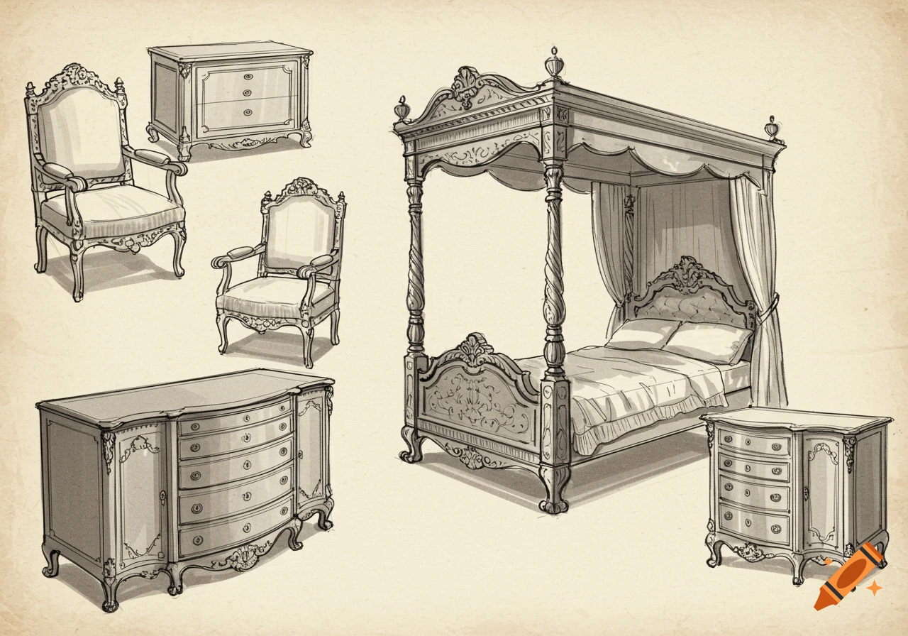 Sketch of antique furniture including a four-poster bed, armchairs, and dressers.