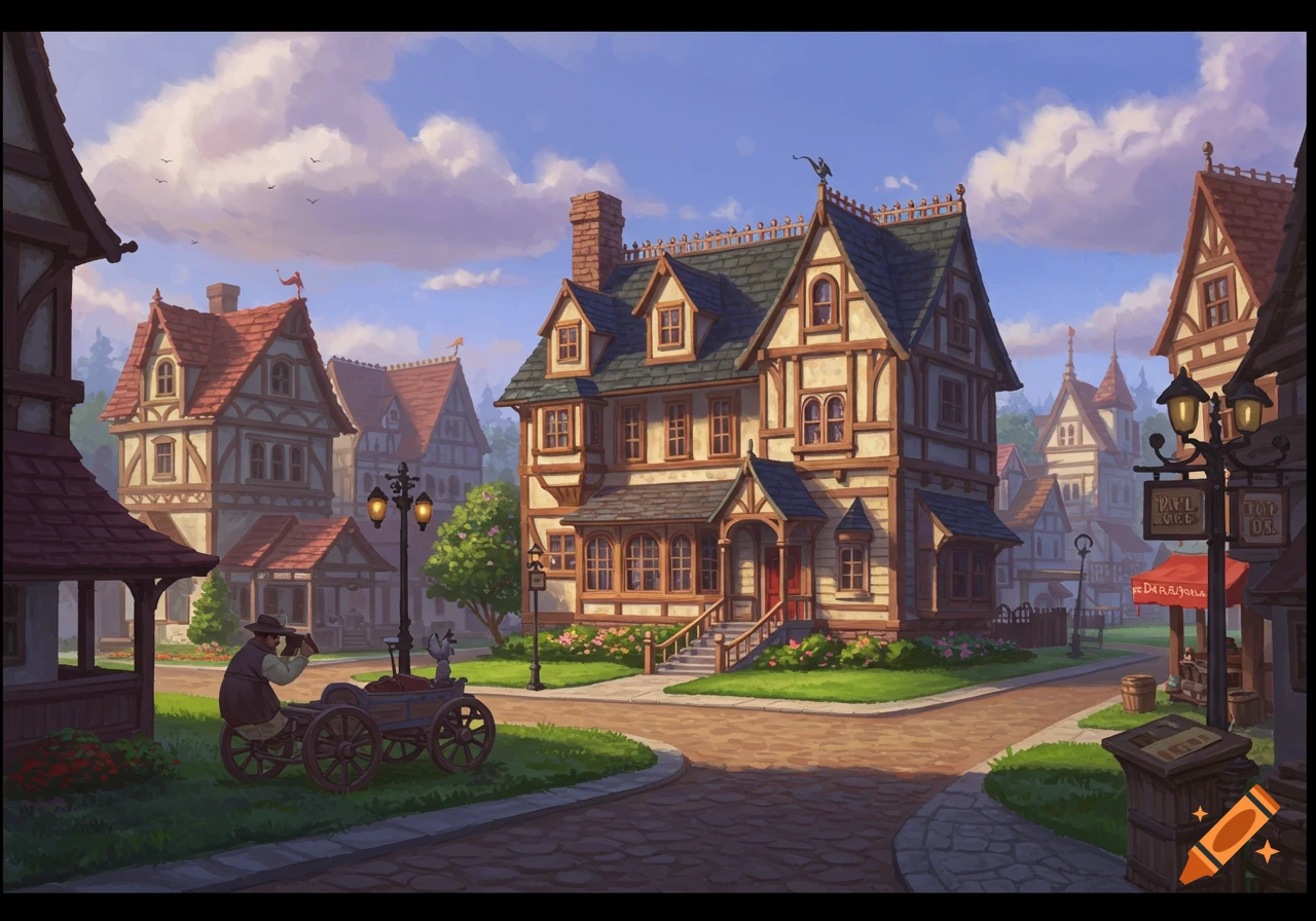 Painterly illustration of a fantasy town square with half-timbered buildings and a person on a cart.