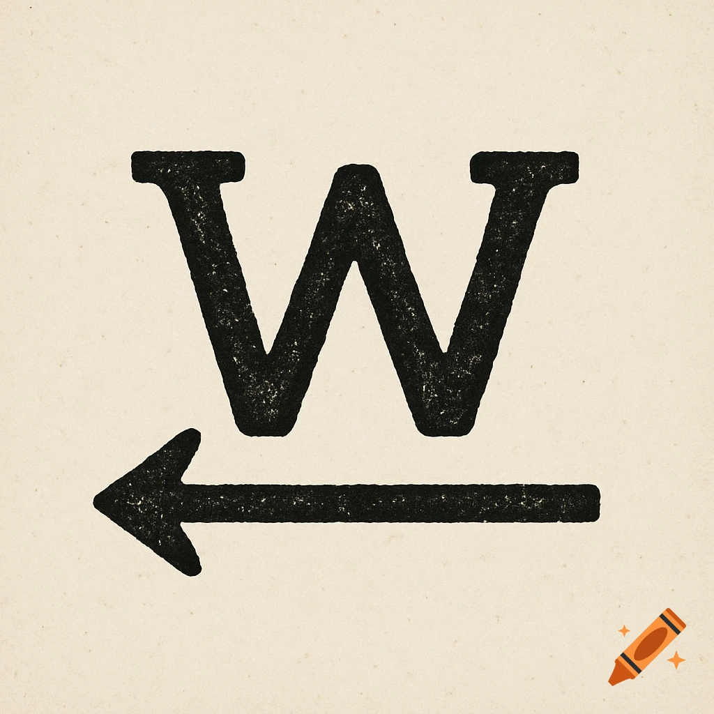 Black distressed letter W above a left-pointing arrow on a light background.