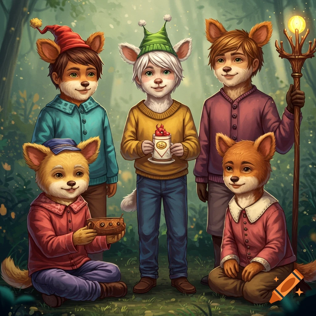 Anthropomorphic animal children dressed in clothing stand and sit in a forest setting.