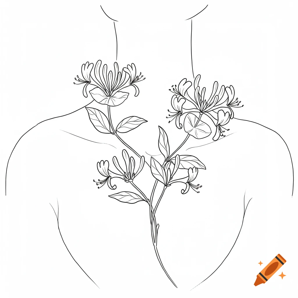 Black and white line art tattoo design of a honeysuckle vine on the upper chest.