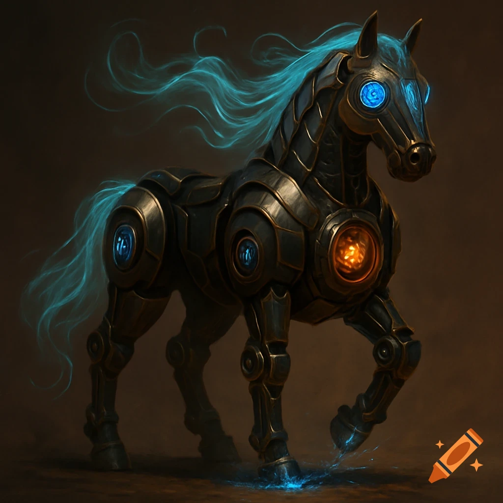 A steampunk mechanical horse with glowing blue eyes and mane, and metal armor.