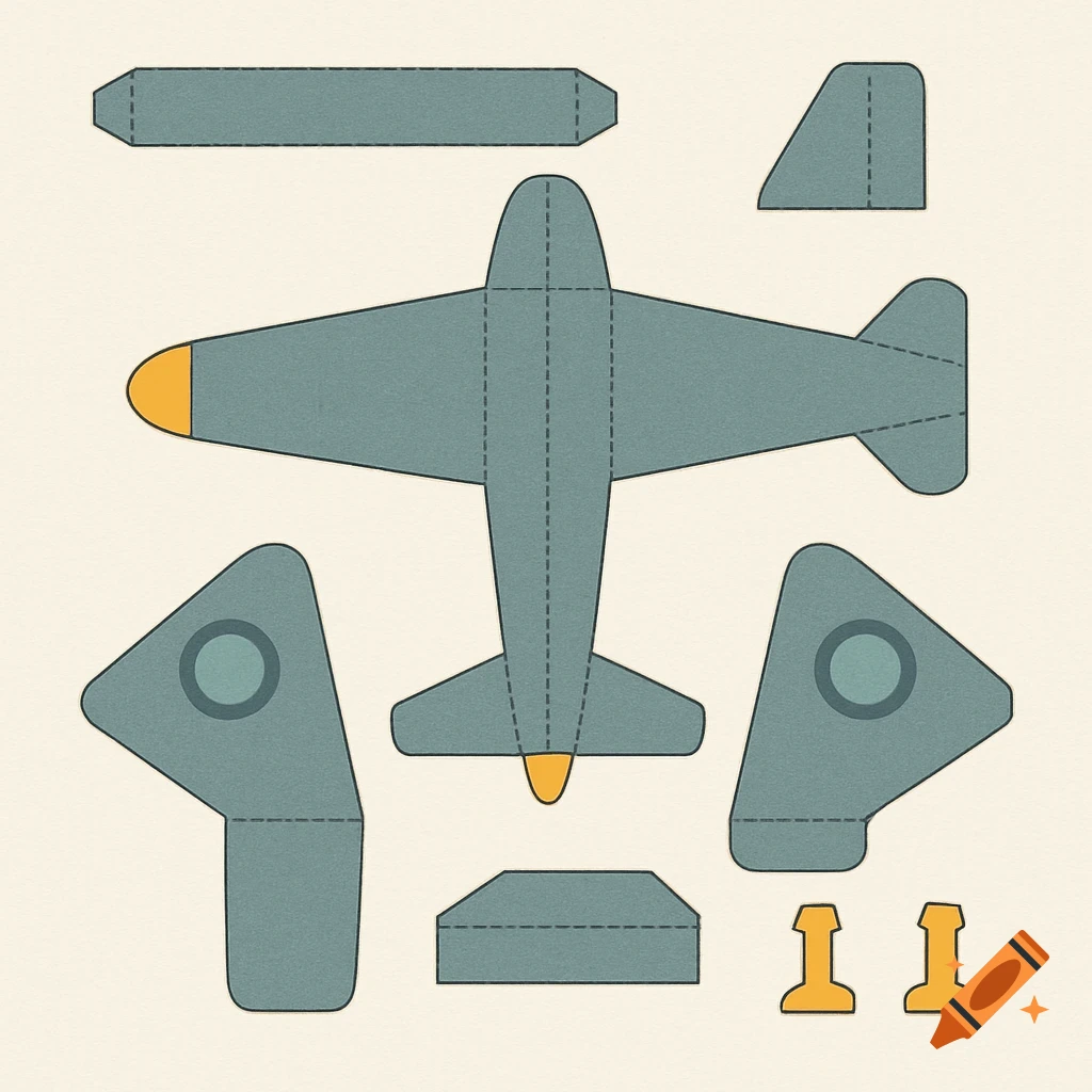 Papercraft template pieces for an airplane laid out.