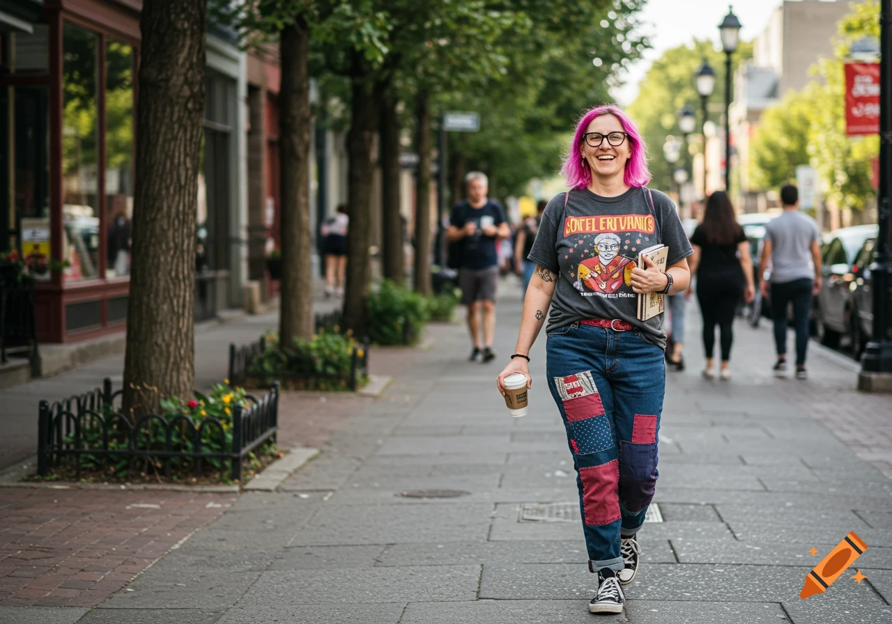 A woman with pink hair and glasses walks down a tree-lined street, holding a coffee and books.