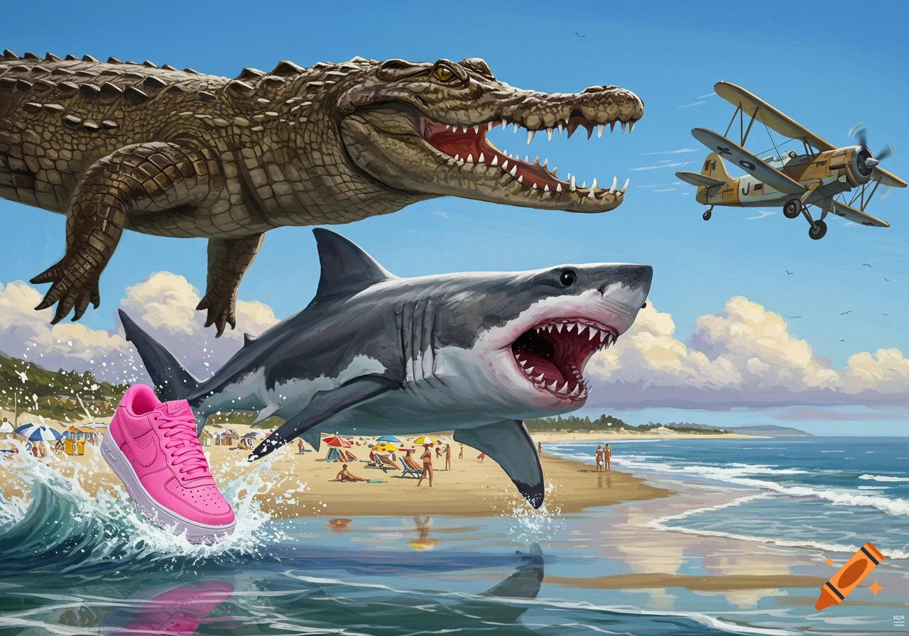 Surreal illustration of a flying crocodile and jumping shark near a beach, with a pink sneaker splashing in the water and a plane flying overhead.