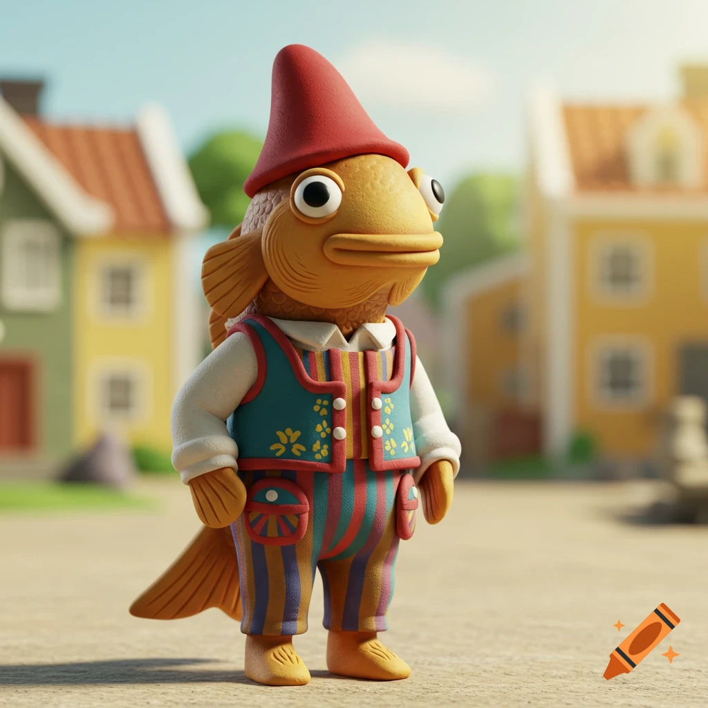 Claymation fish character in a red hat and vest stands in a village street.