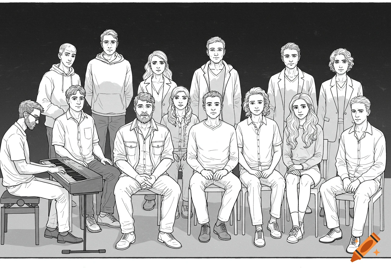 Black and white line drawing of a group of people, including a man playing a keyboard and others sitting.