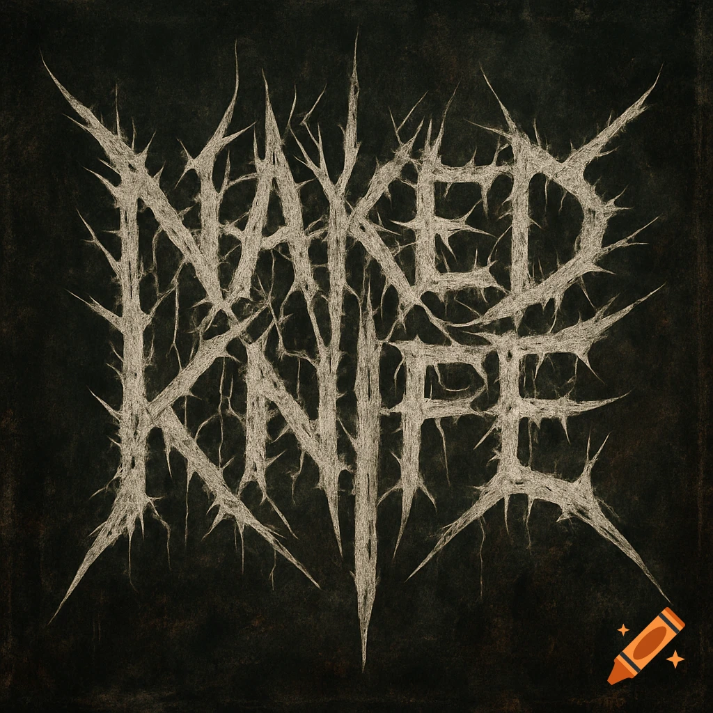 Spiky, gritty logo reading 'Naked Knife' on a dark background, in a metal style.