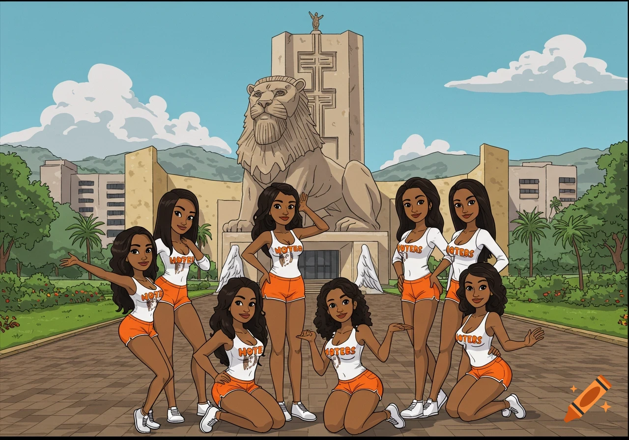 Cartoon of Hooters women posing in front of the Lion of Judah monument.