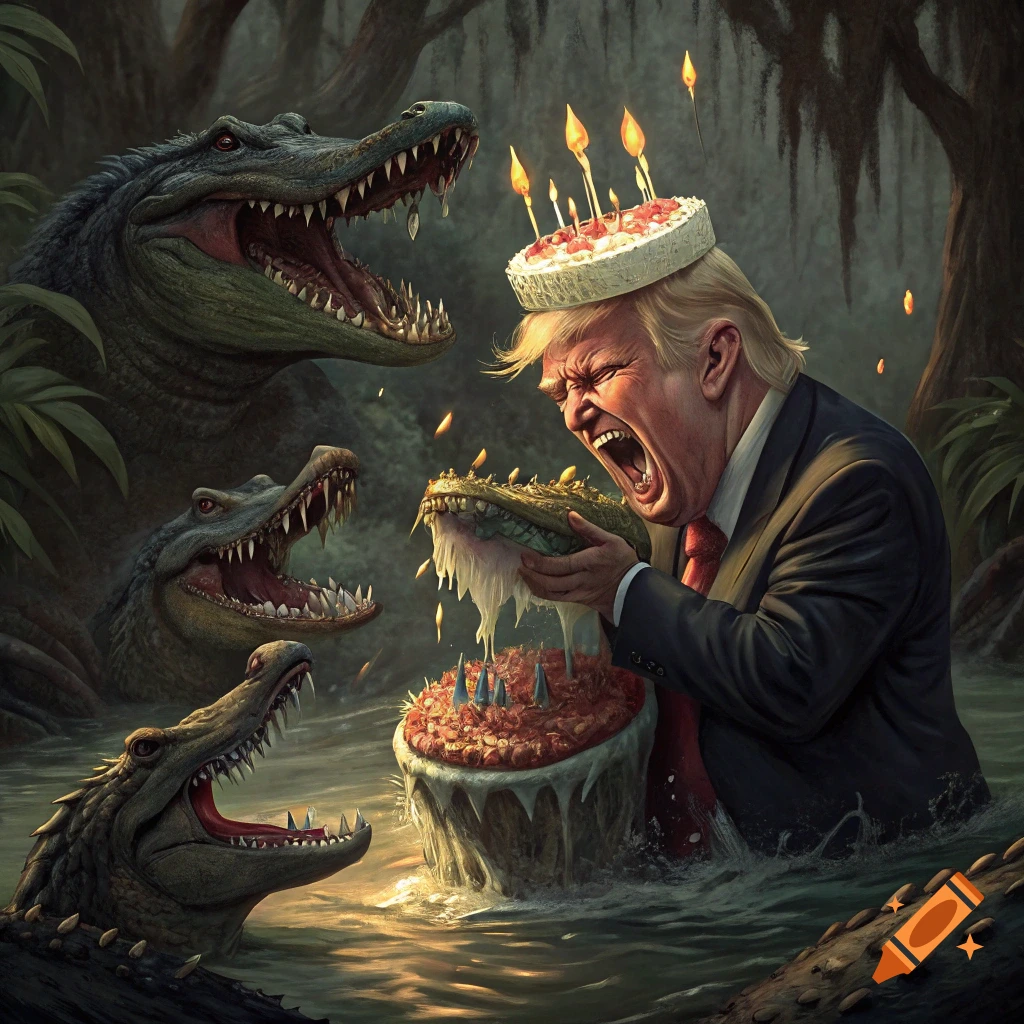 A man resembling Donald Trump in a swamp, wearing a birthday cake hat, holding a severed alligator head, surrounded by other large alligators.