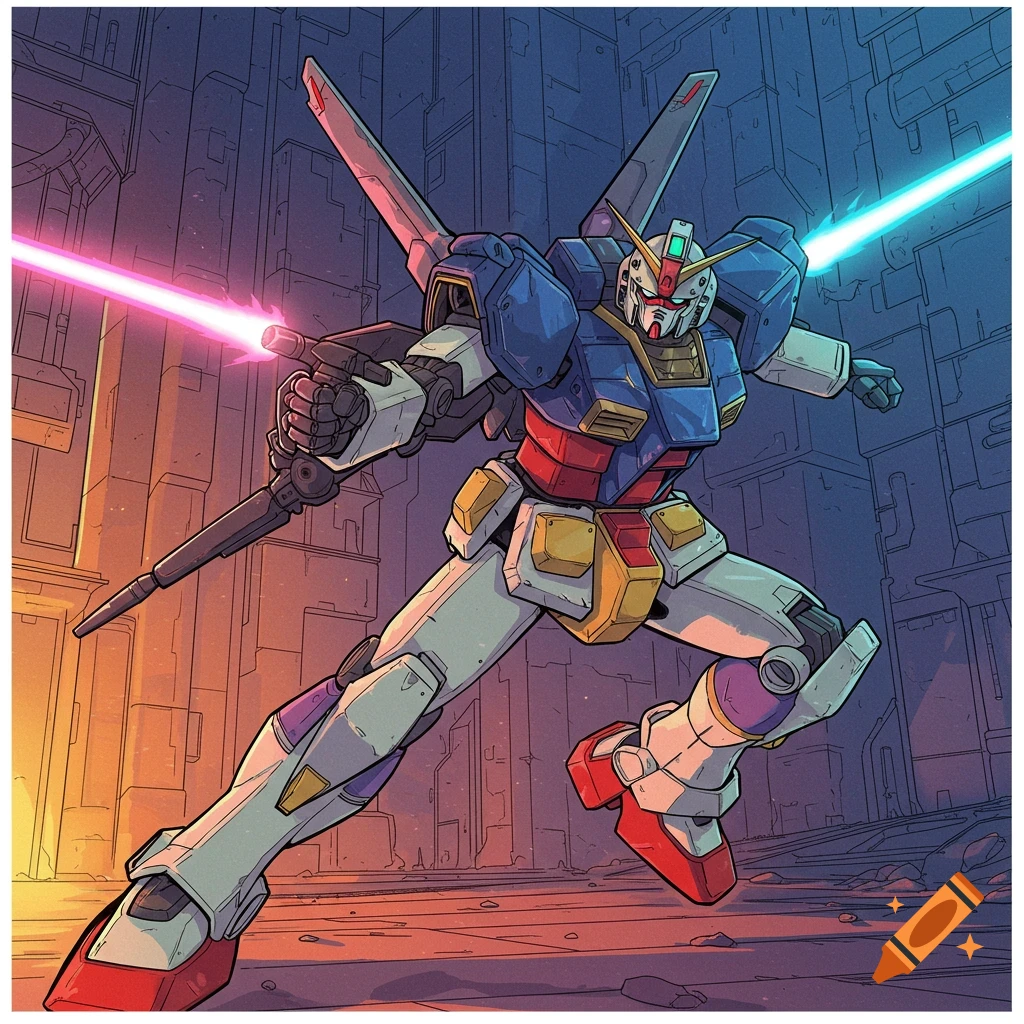 An anime-style mech robot holding two glowing beam sabers in a cityscape.