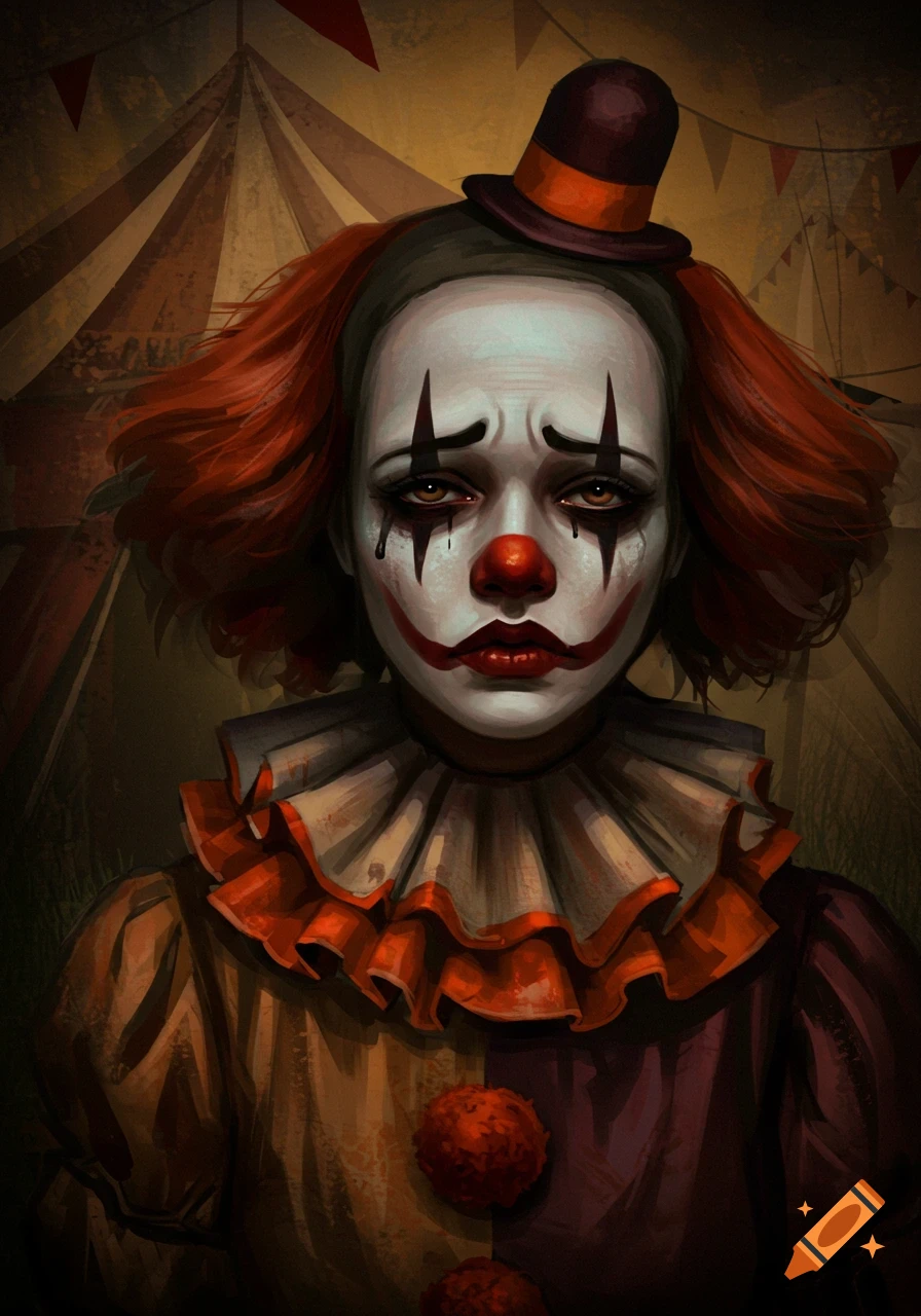 Portrait of a sad clown with painted tears in front of a circus tent
