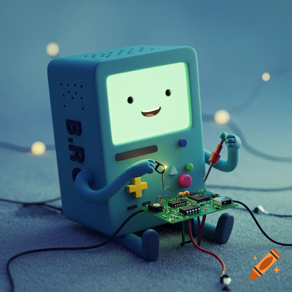 A stylized render of BMO from Adventure Time sitting and working on a circuit board.