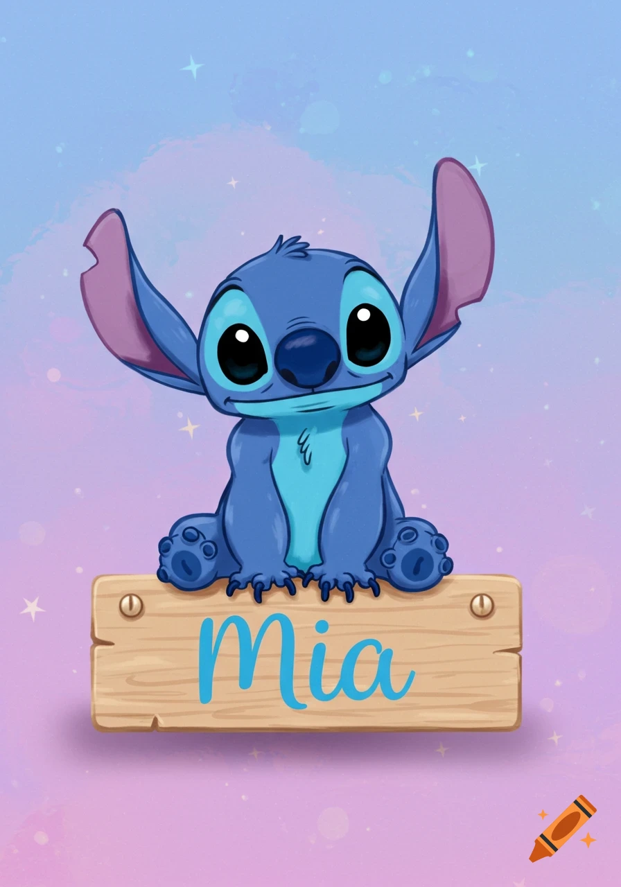 Cartoon illustration of Stitch sitting on a wooden sign with the name Mia on it.