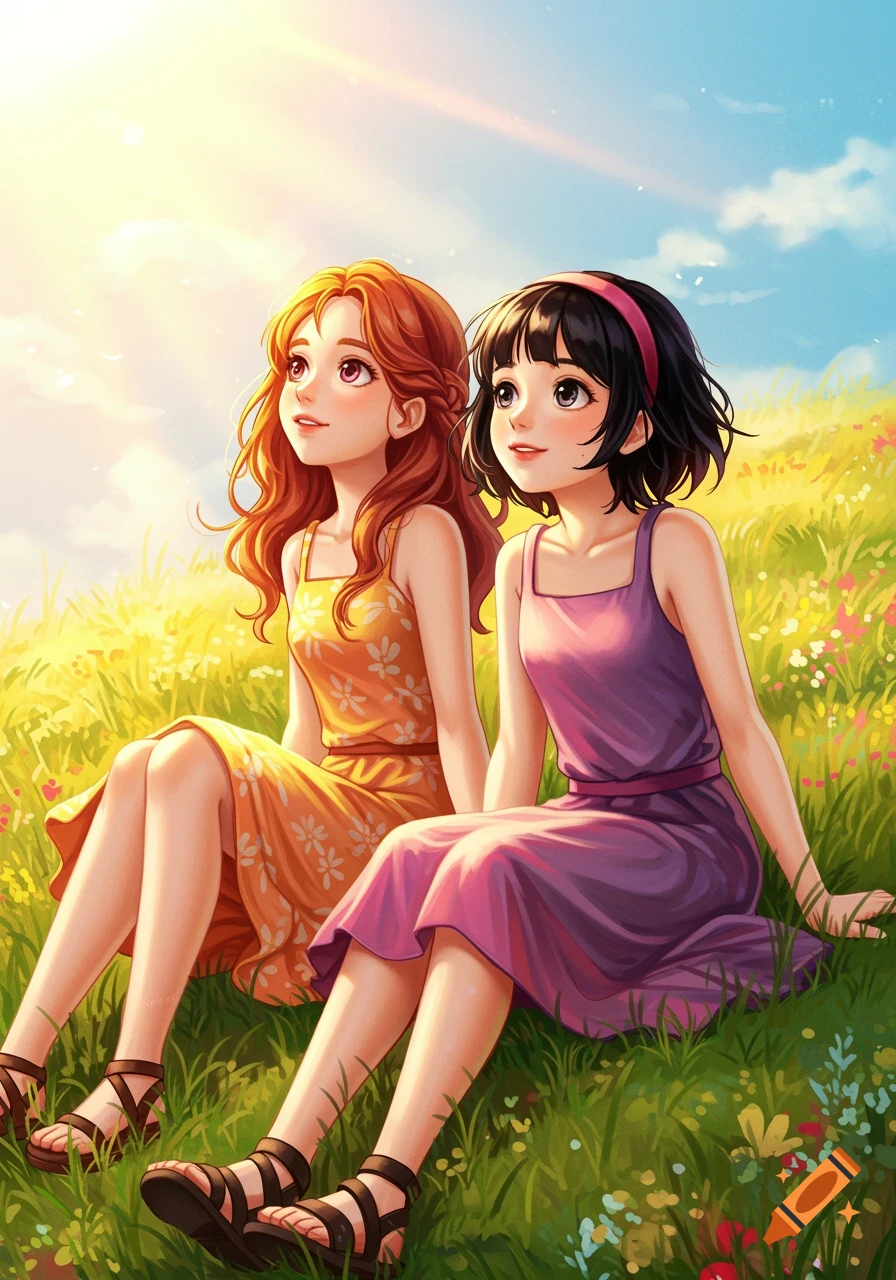 Anime style illustration of two girls sitting in a sunny field.