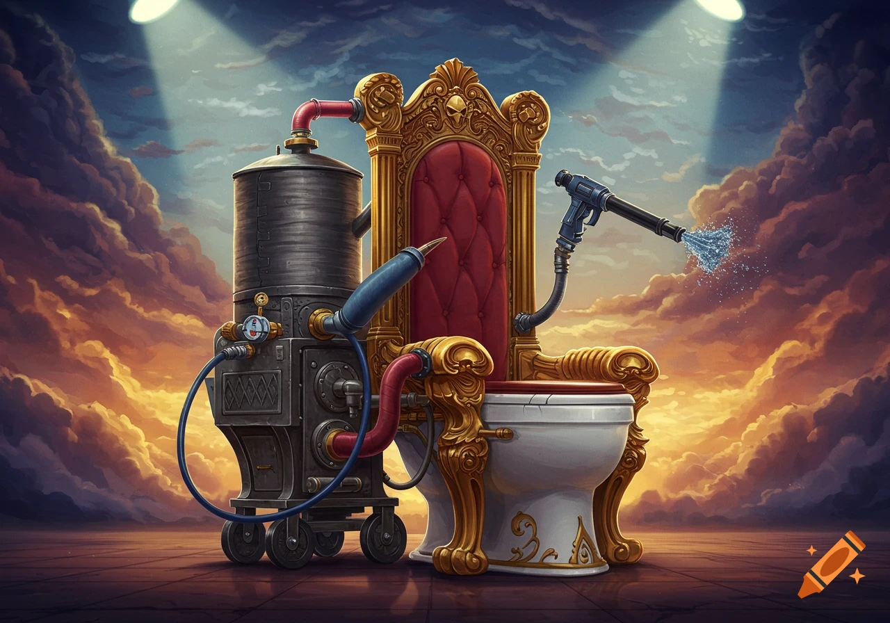 A toilet designed as a golden throne is connected to a steampunk water tank on wheels with a pressure washer bidet, under dramatic spotlighting and stormy clouds.
