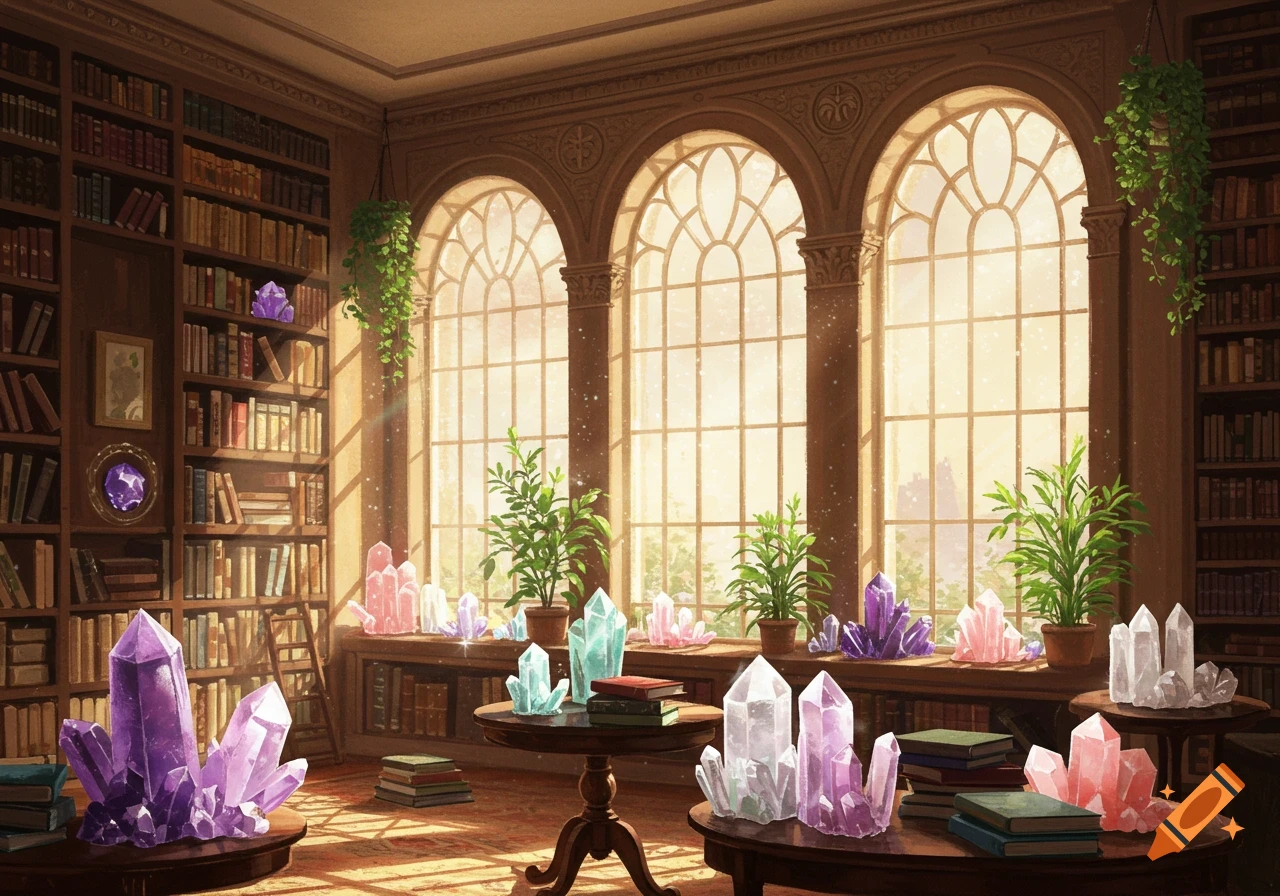A sunlit library interior filled with bookshelves, houseplants, and large, colorful crystals on tables and shelves.