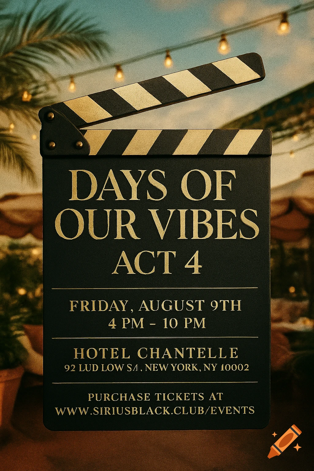 Event poster on a movie clapperboard for 'Days of Our Vibes Act 4' with a rooftop bar background