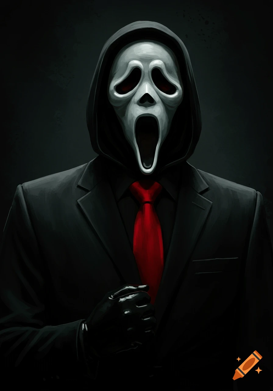 Illustration of a figure wearing a Ghostface mask, black suit jacket, red tie, and black gloves.