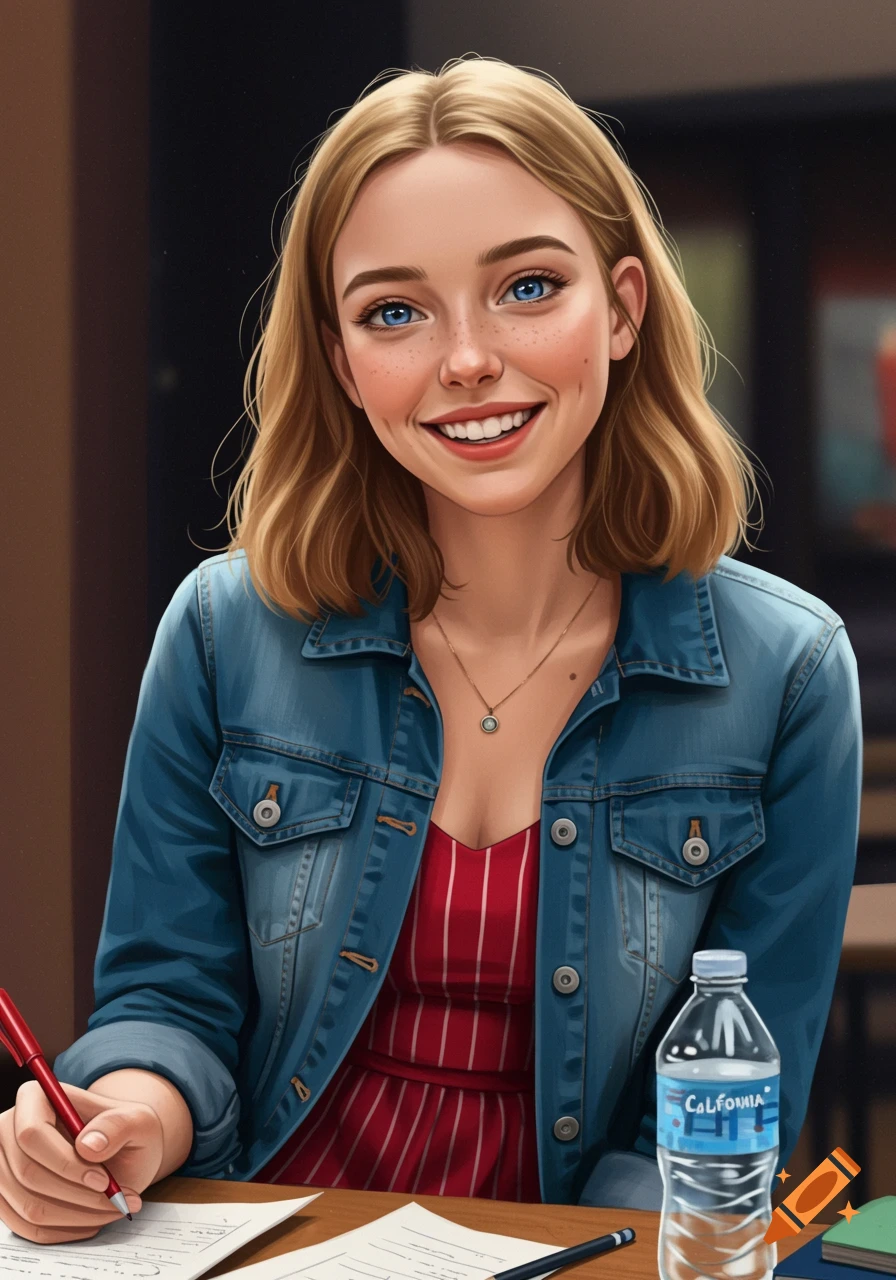 Smiling young woman with blonde hair and blue eyes studying at a table with a pen and water bottle.
