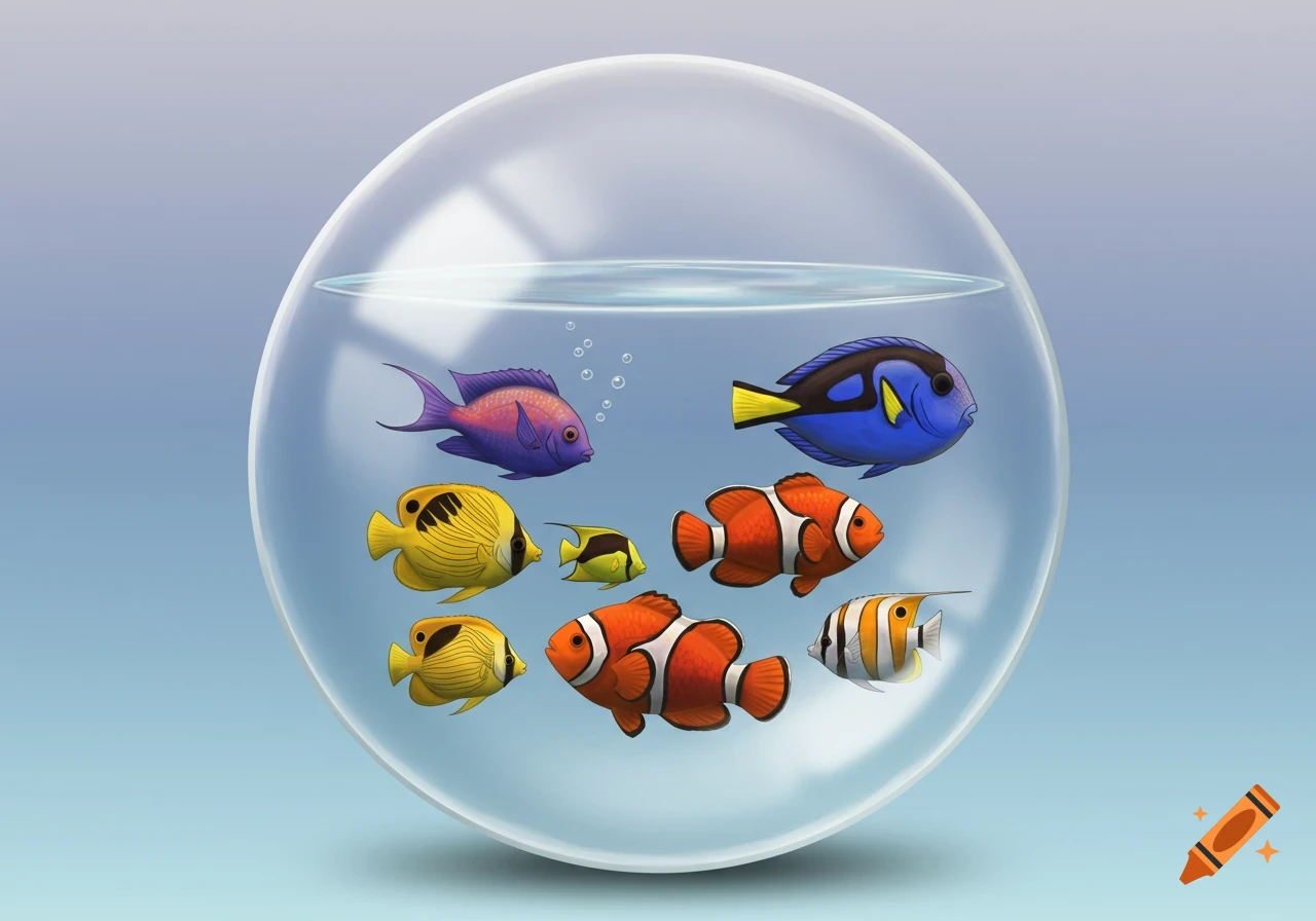 Colorful cartoon fish in a glass fishbowl