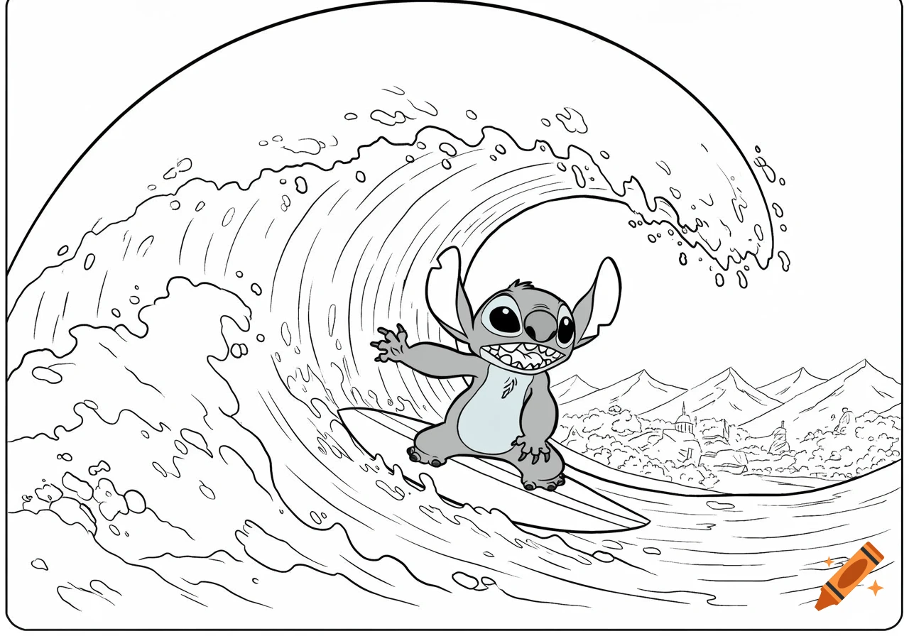 Stitch surfing a giant wave in a coloring book style drawing