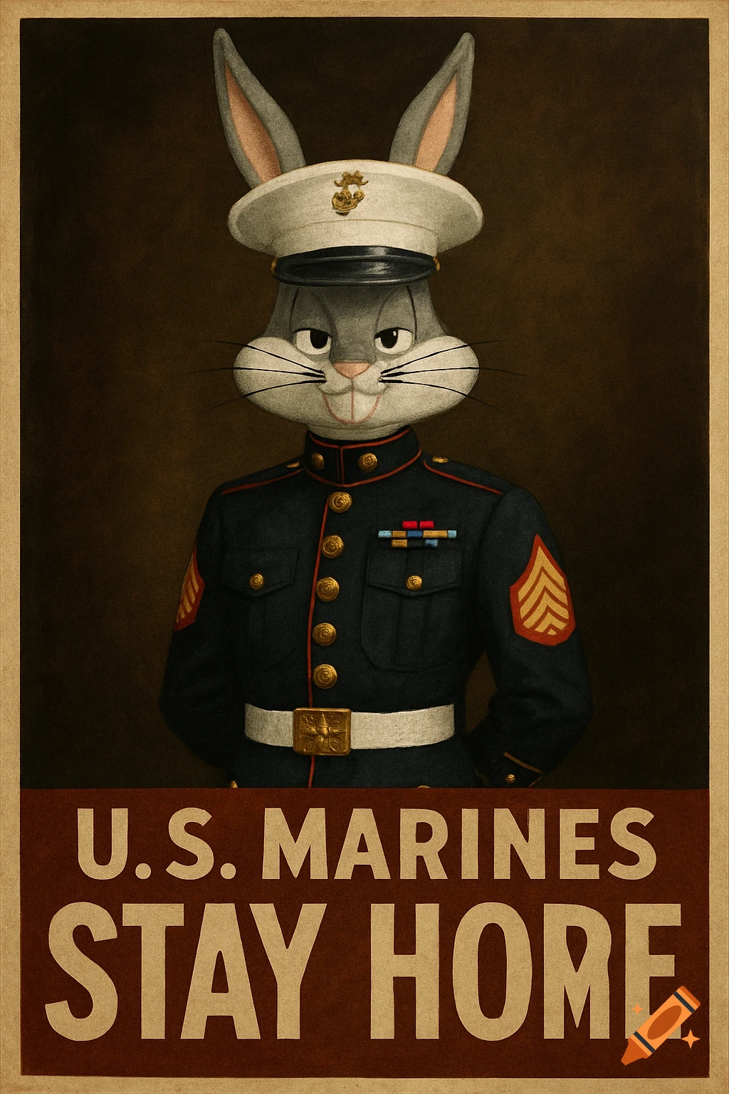 Bugs Bunny in a U.S. Marines uniform on a poster that reads 'U.S. MARINES STAY HOME'