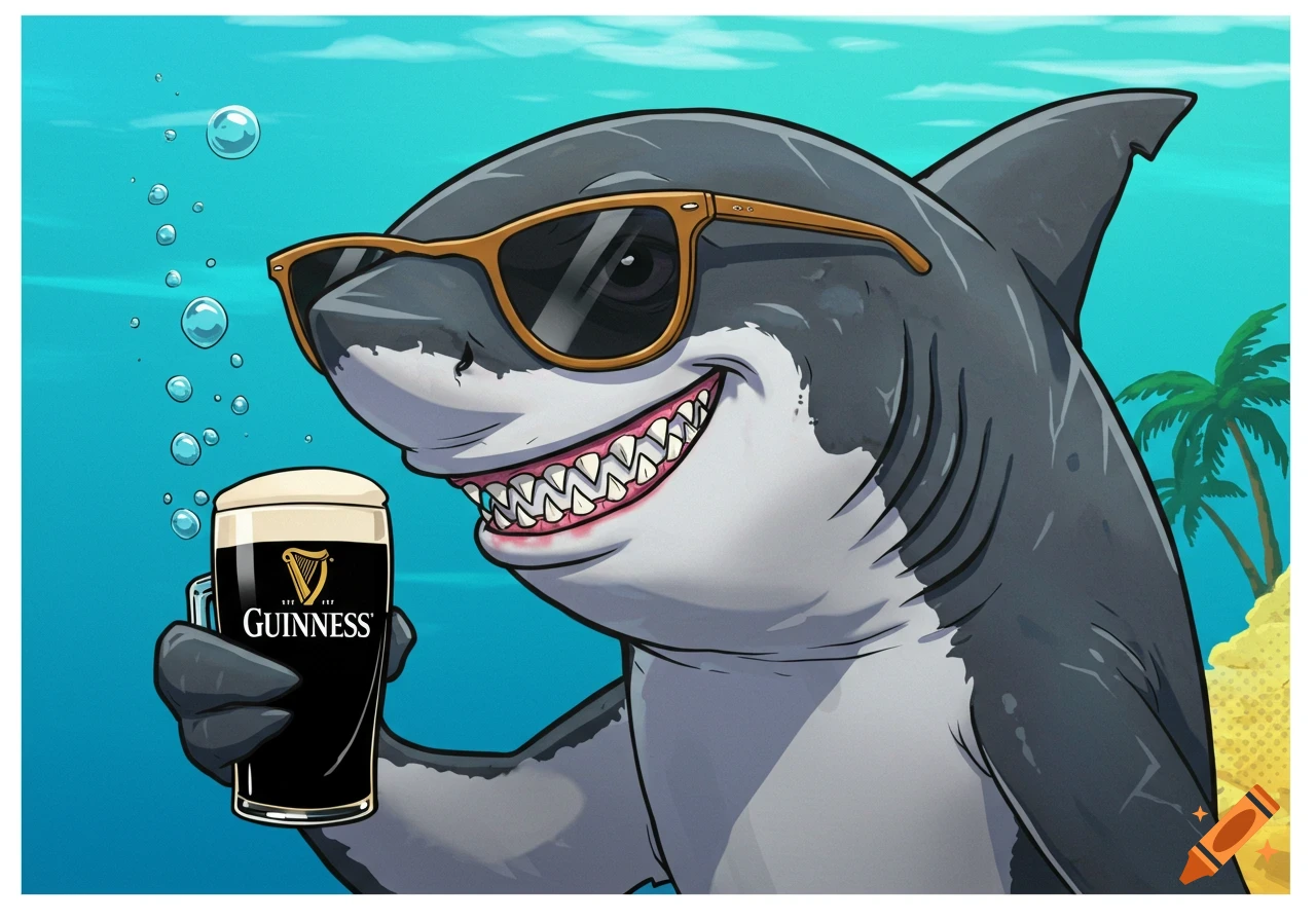 Cartoon shark wearing sunglasses holds a glass of Guinness underwater with a beach in the background.