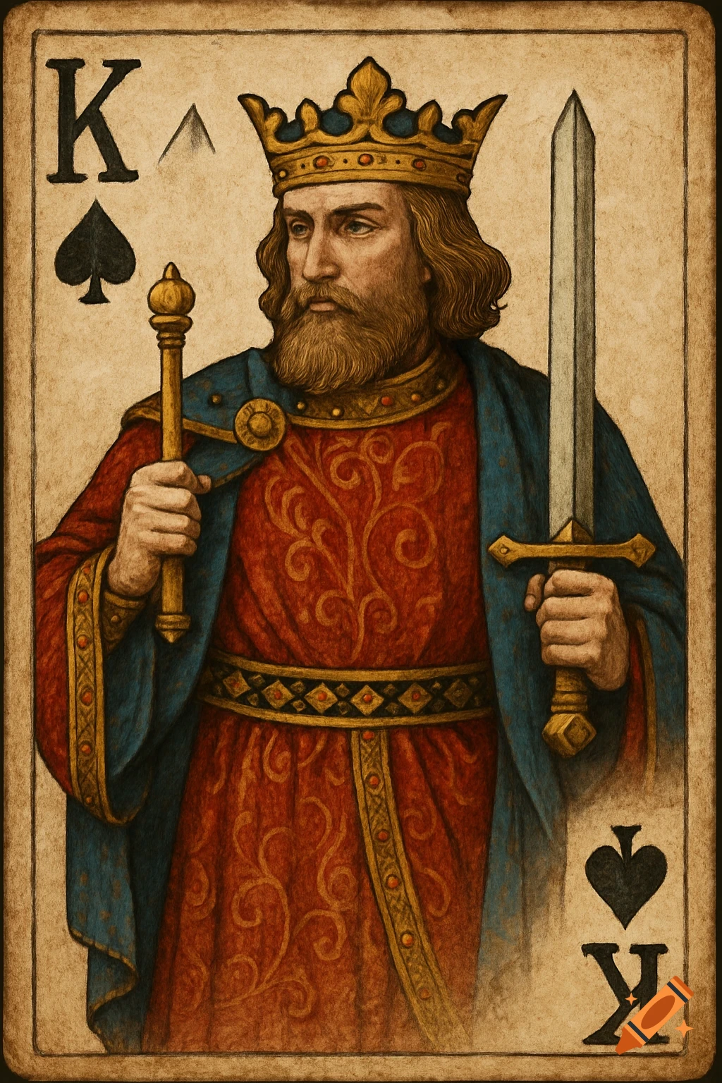 A King of Spades playing card featuring a king with a crown, scepter, and sword.