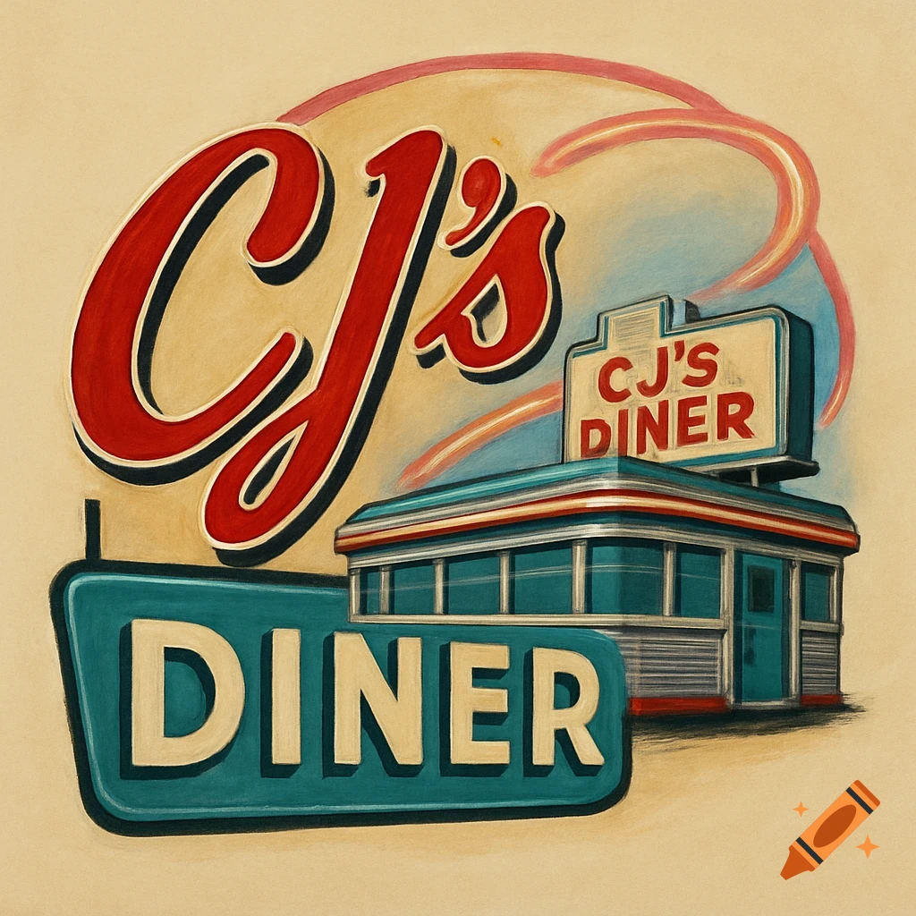 Illustration of a vintage diner sign for CJ's Diner in a retro style.