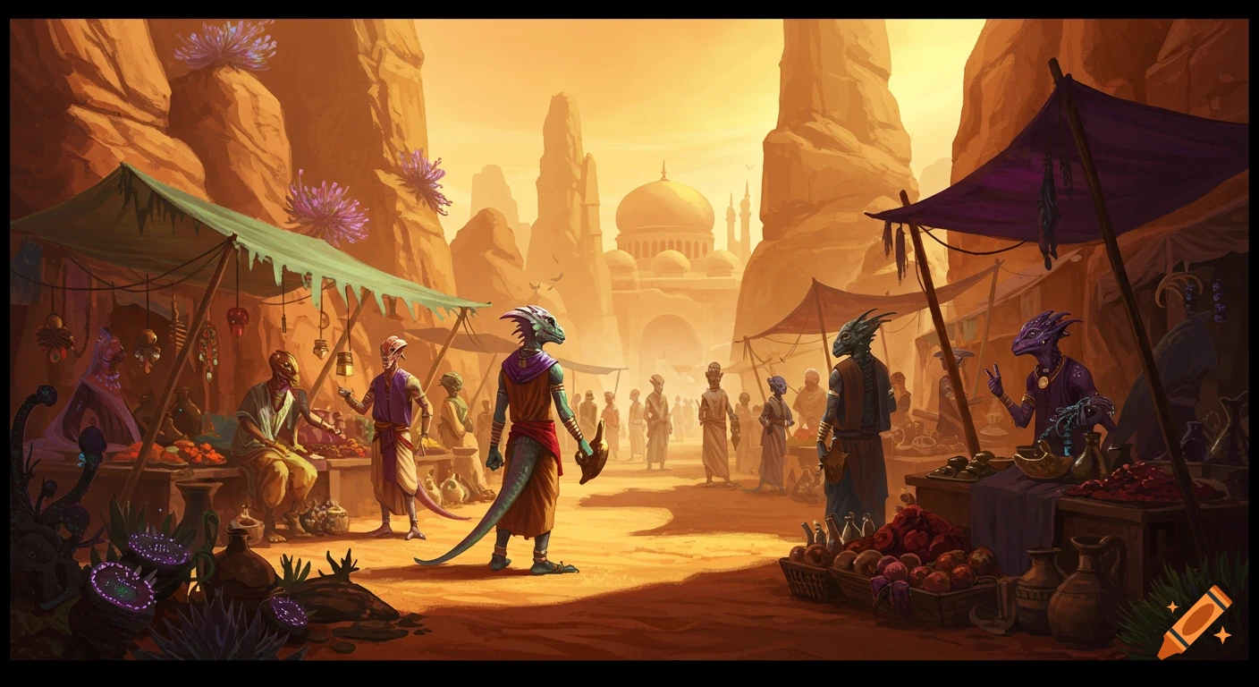 Digital painting of an alien market in a desert, with various alien figures under stalls.
