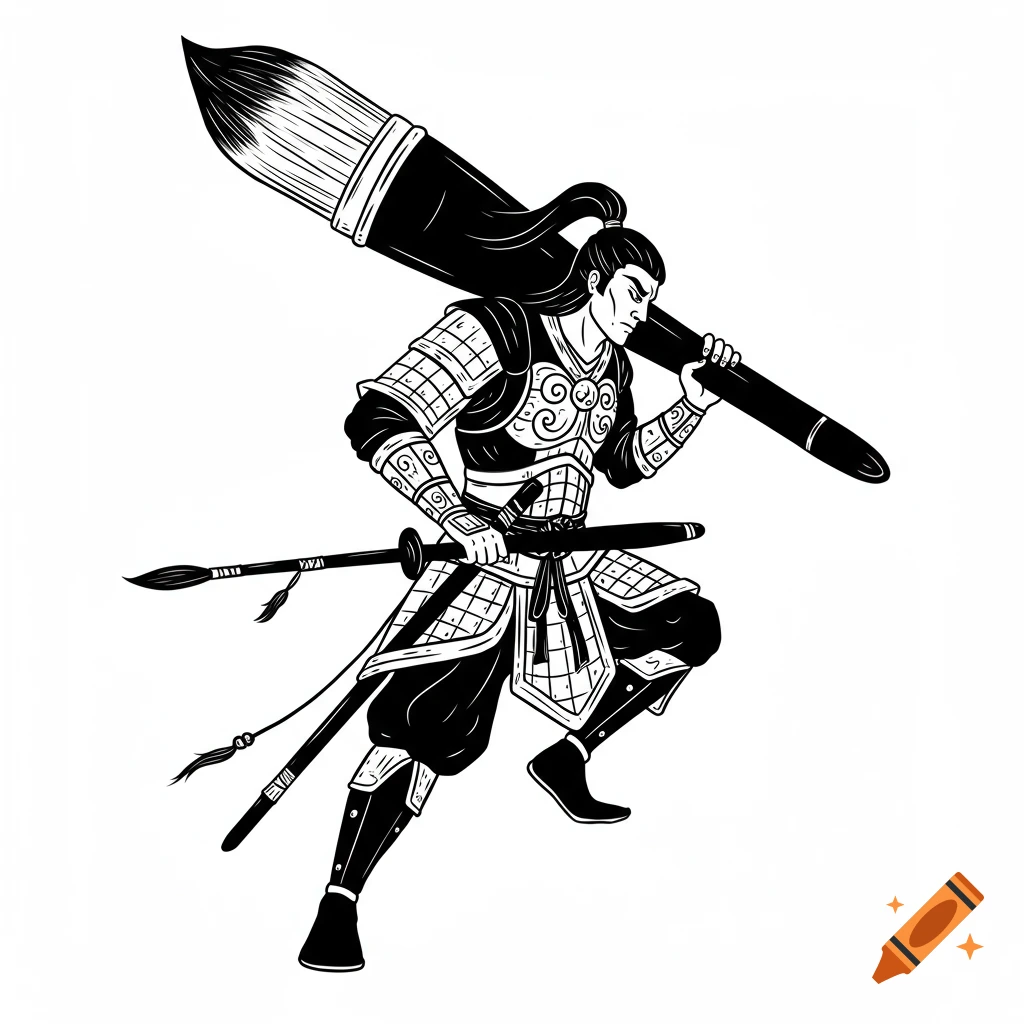 Black and white illustration of a warrior in armor holding a giant paintbrush and weapons.