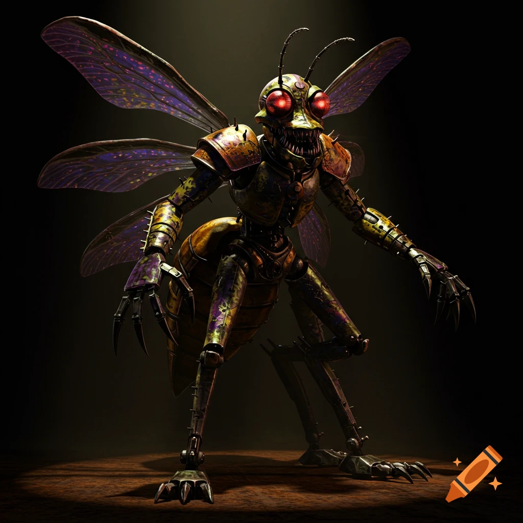 Full body creepy robotic bug creature with red eyes and claws standing on a floor