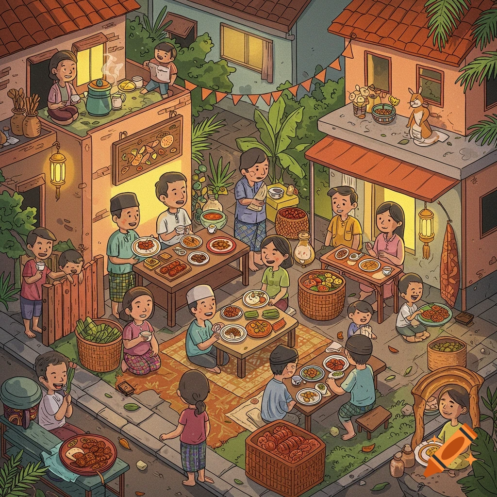 Cartoon illustration of a community gathering and eating outdoors in a village.